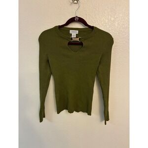 Carmen Marc Valvo Olive Green Ribbed Keyhole Sweater Gold Hardware Rhinestone M